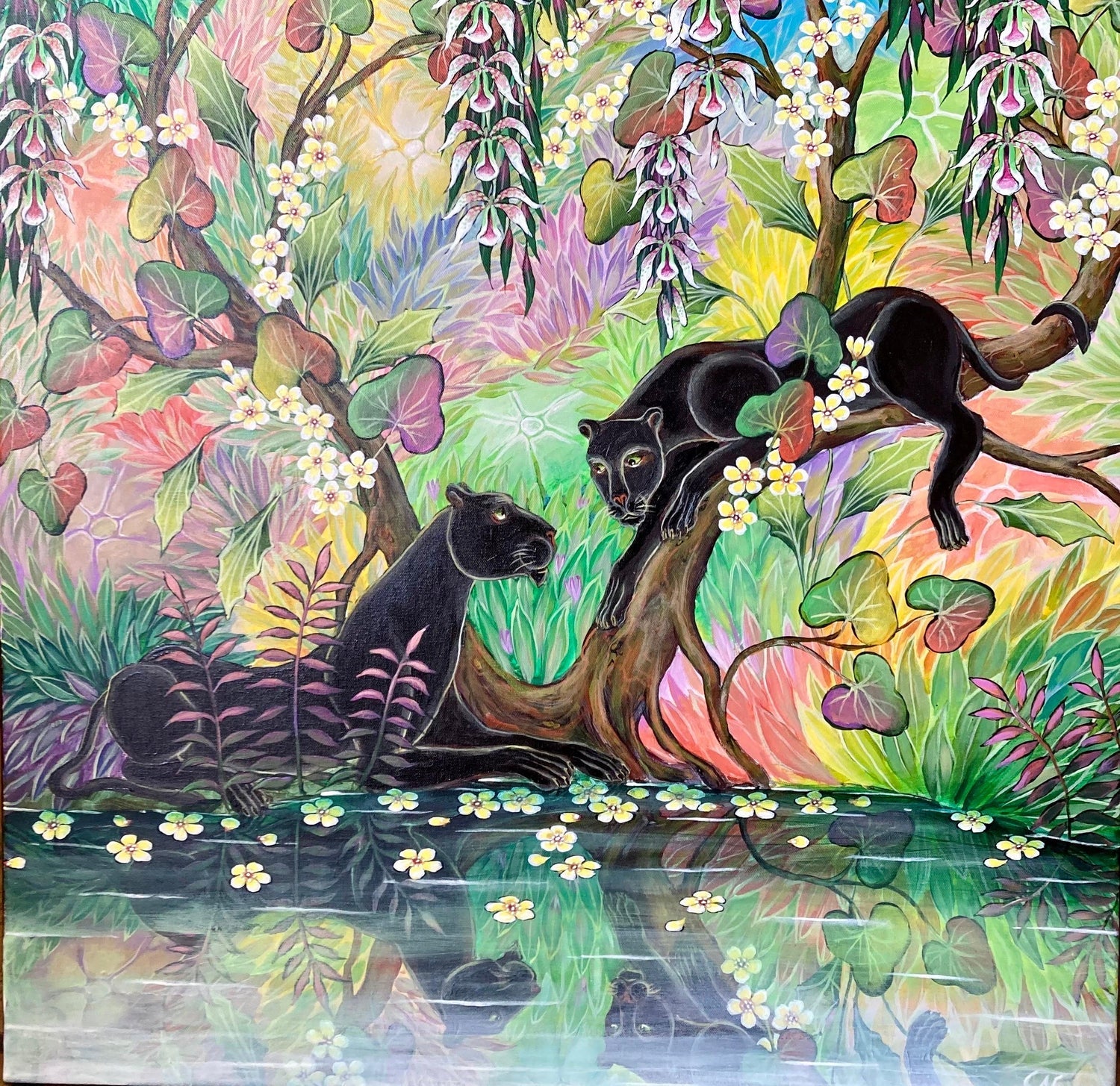 Original Painting "Promises" Tropical Jungle Painting Panthers, Gustavo Novoa