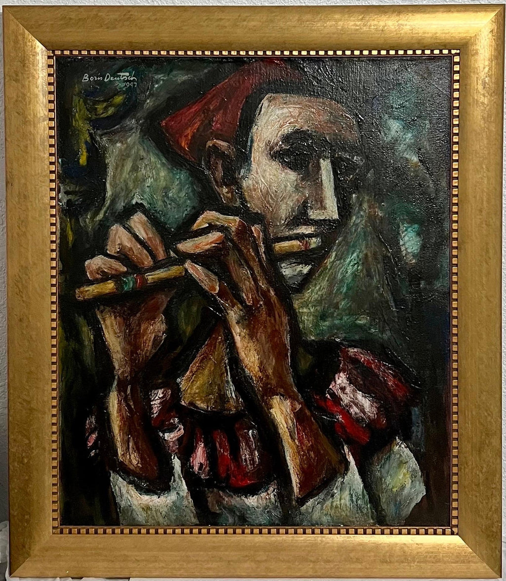 1947 Expressionist Oil Painting Flute Player Musician Boris Deutsch WPA Artist
