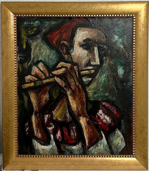 1947 Expressionist Oil Painting Flute Player Musician Boris Deutsch WPA Artist
