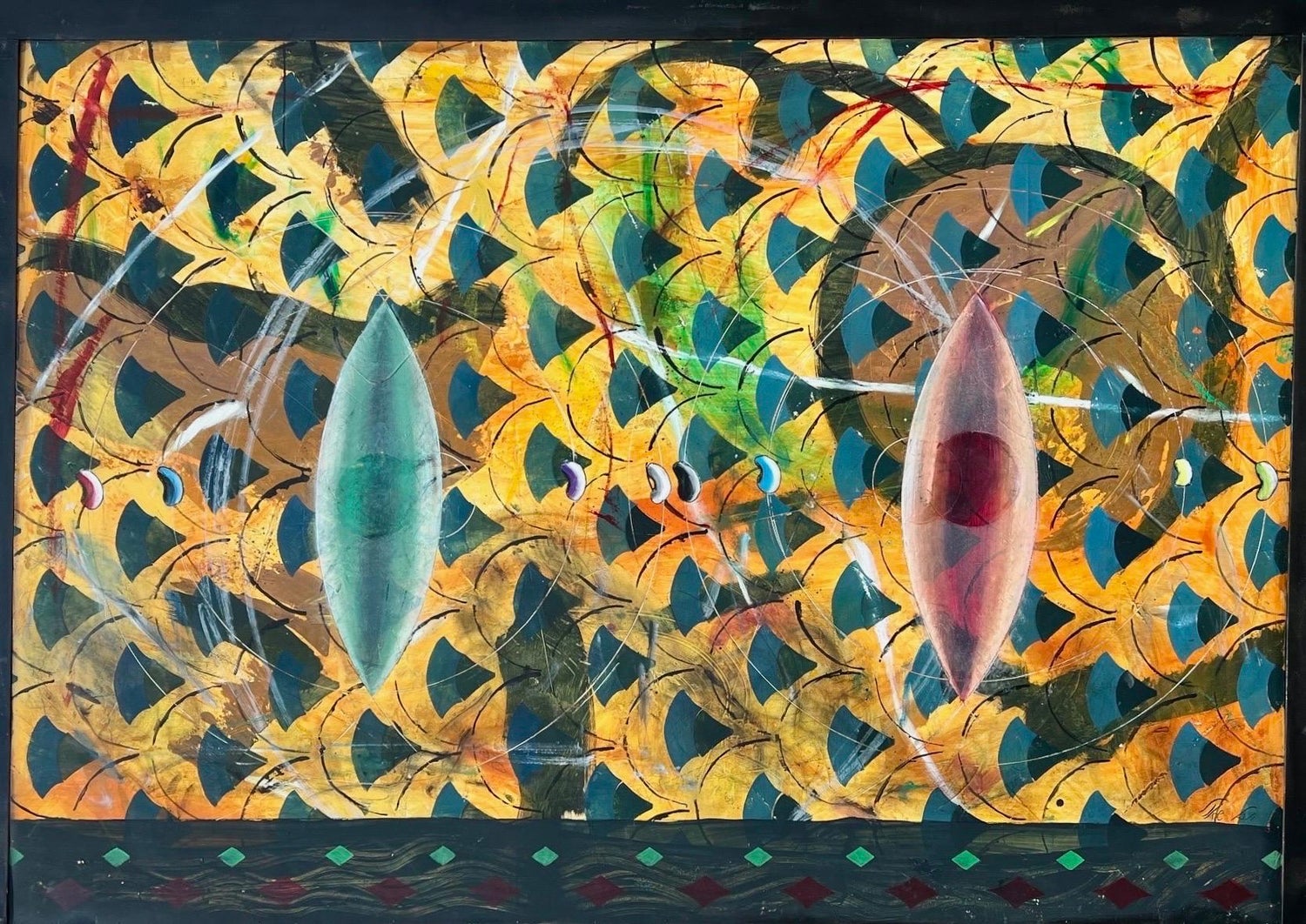 Large Israeli Abstract Pattern & Decoration Oil Painting Yuval Shaul Steel Frame