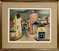 Charles Chartier 1951 French Cubist Modernist Oil Painting Surreal Paris Village