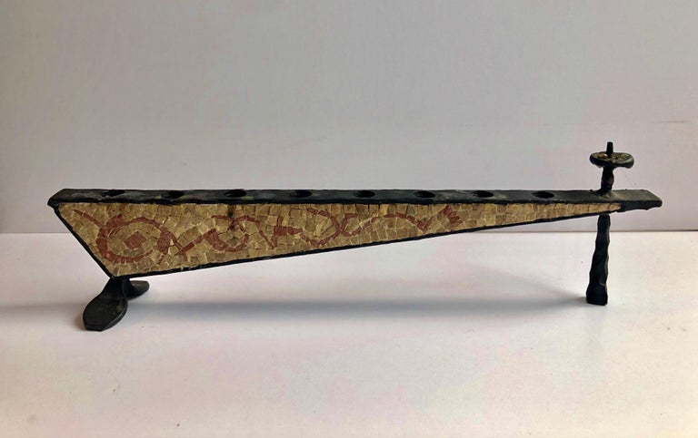 Brutalist Hand Forged Iron Mosaic Sculpture Menorah Israeli David Palombo