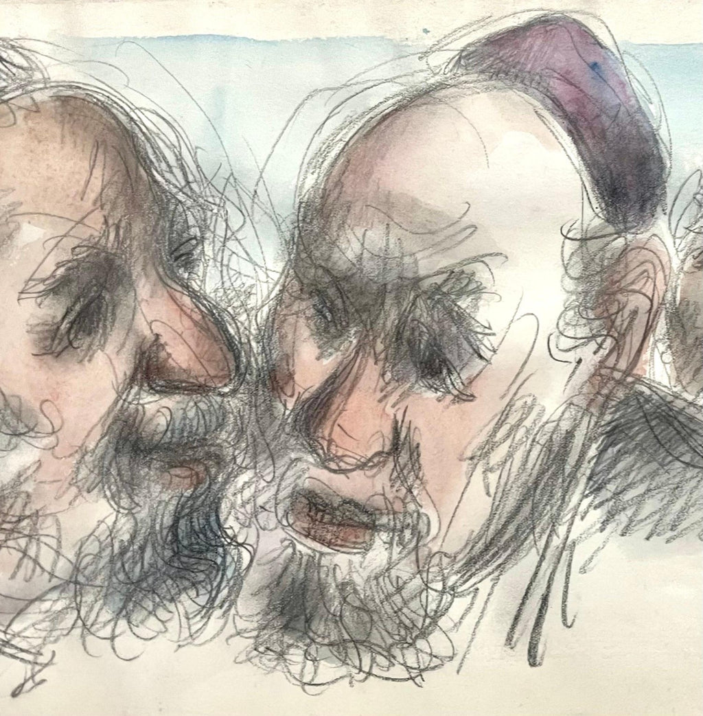 Chaim Gross Mid Century Mod Judaica Jewish Watercolor Painting Rabbis WPA Artist