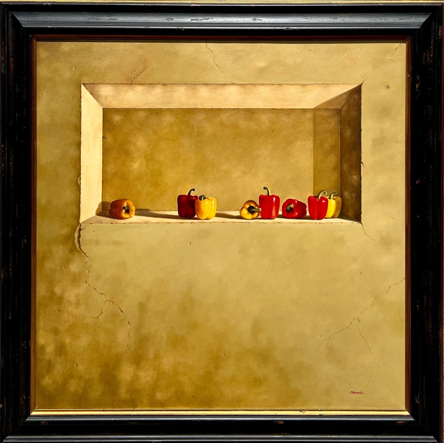 Large Trompe L'oeil Oil Painting Rene Chavelle Belgian Photo Realist Peppers