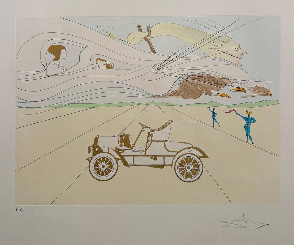 Salvador Dali Surrealist Etching Engraving Pochoir L'Automobile Da Vinci Hommage