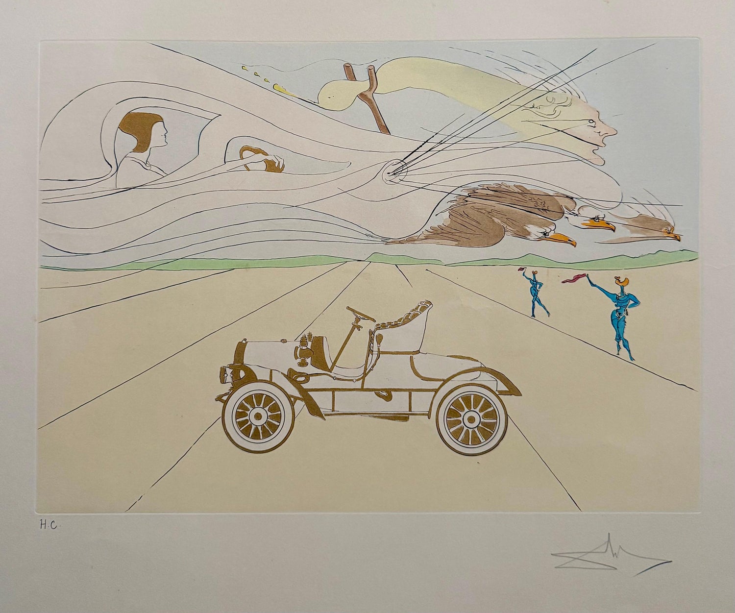 Salvador Dali Surrealist Etching Engraving Pochoir L'Automobile Da Vinci Hommage