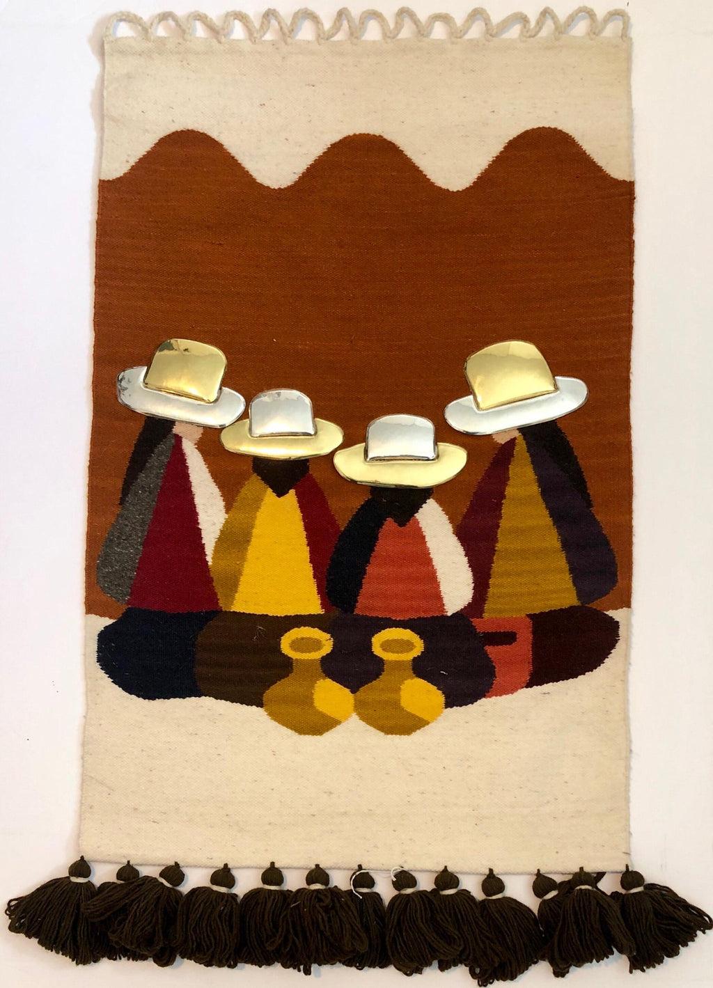 Vintage Handwoven Tapestry Wool, Metal Folk Art Rug Weaving Wall Hanging