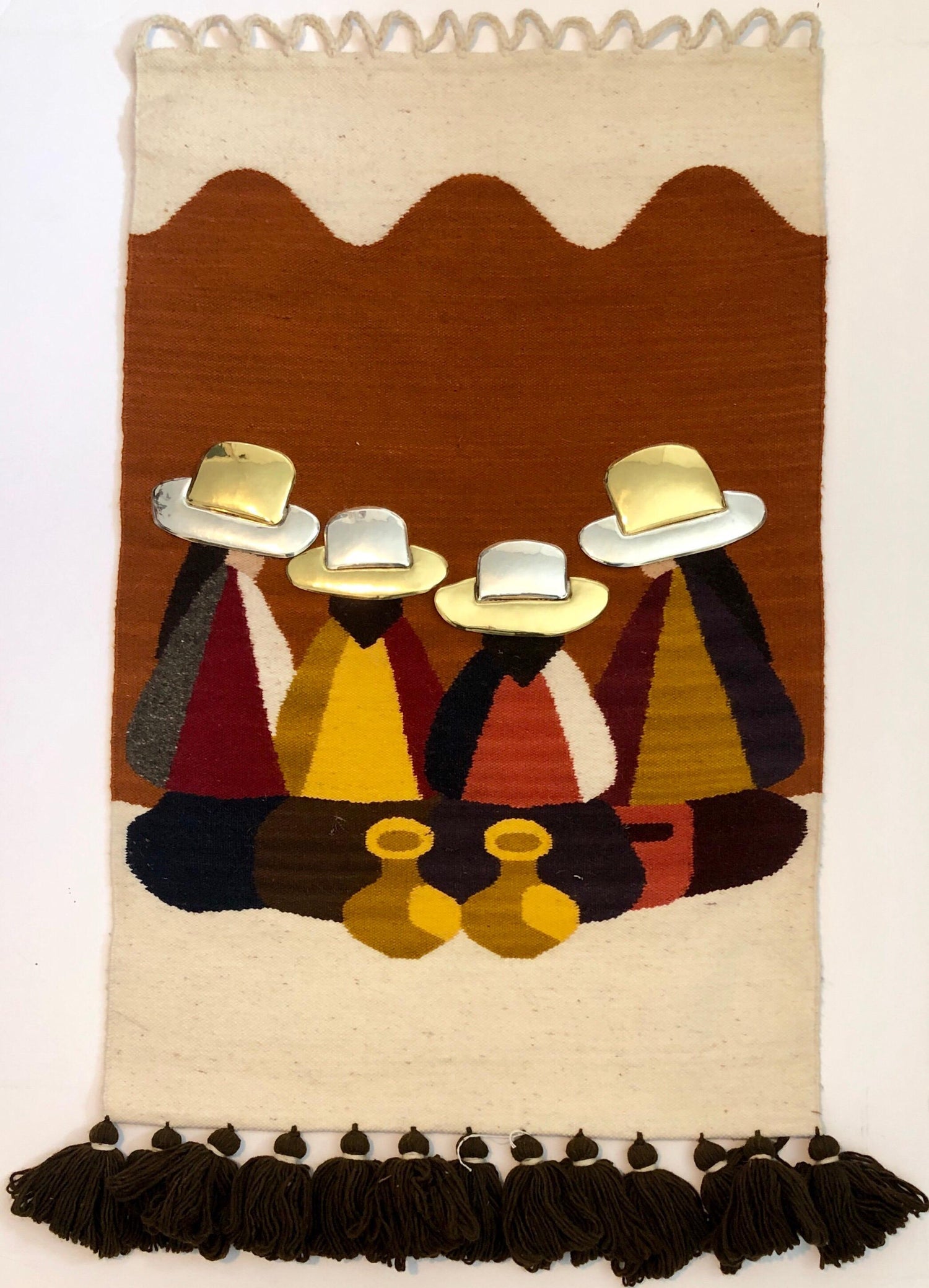 Vintage Handwoven Tapestry Wool, Metal Folk Art Rug Weaving Wall Hanging