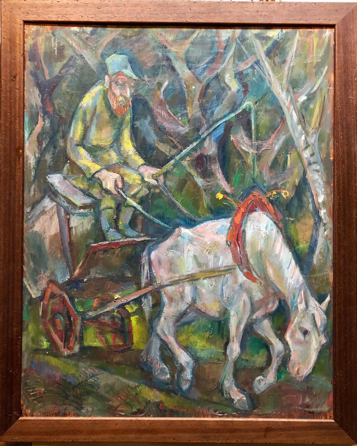 Modernist Oil Painting Social Realist Kids and Cat in Red Wagon WPA Style