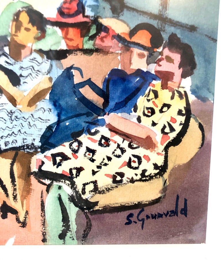 1940's American WPA Modernist New York City Watercolor Painting Subway Riders