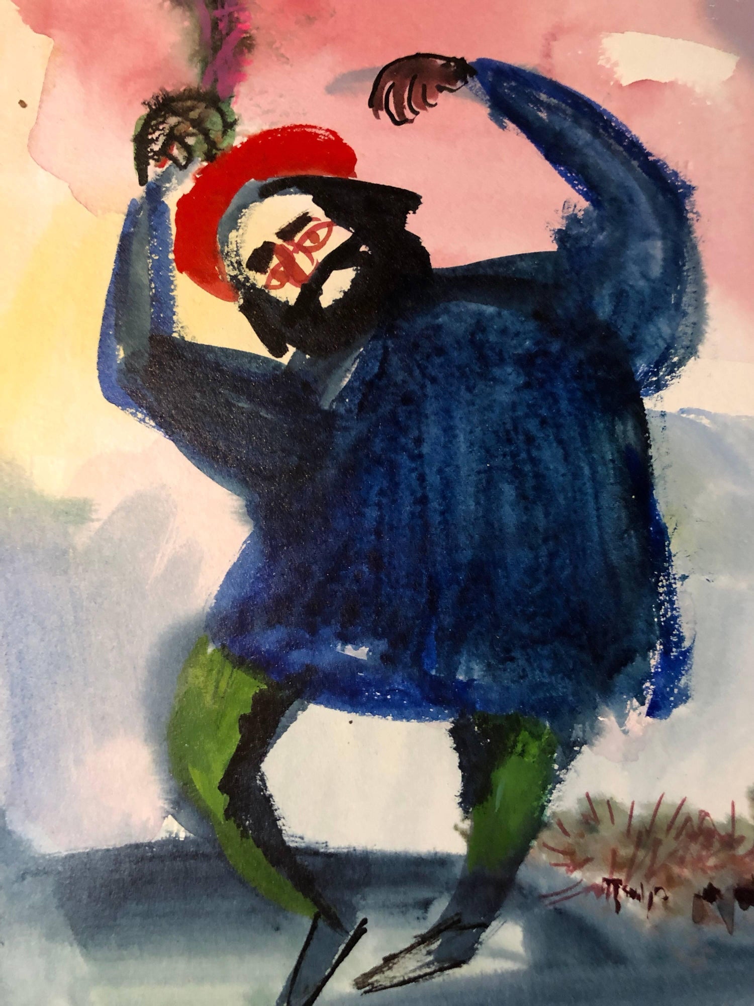 Modernist American Judaica Painting Purim, Dancing on Haman