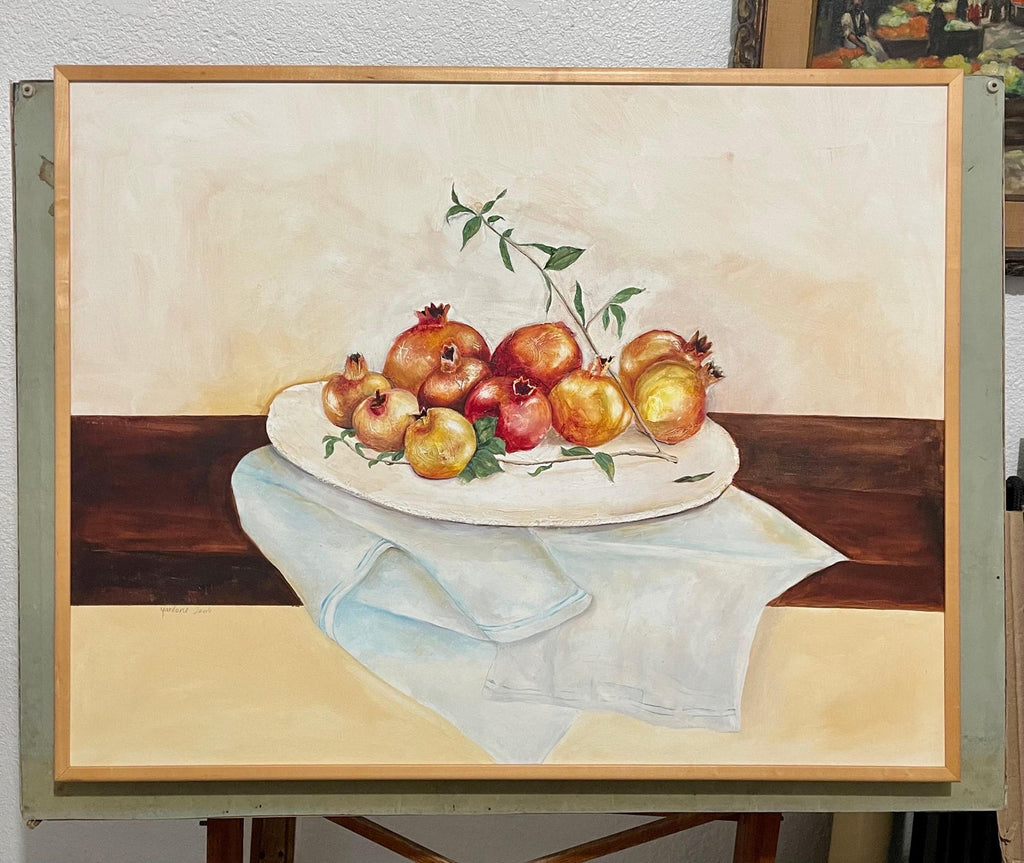 Israeli Folk Art Oil Painting Pomegranates Naive Style Still Life Hedva Yardeni