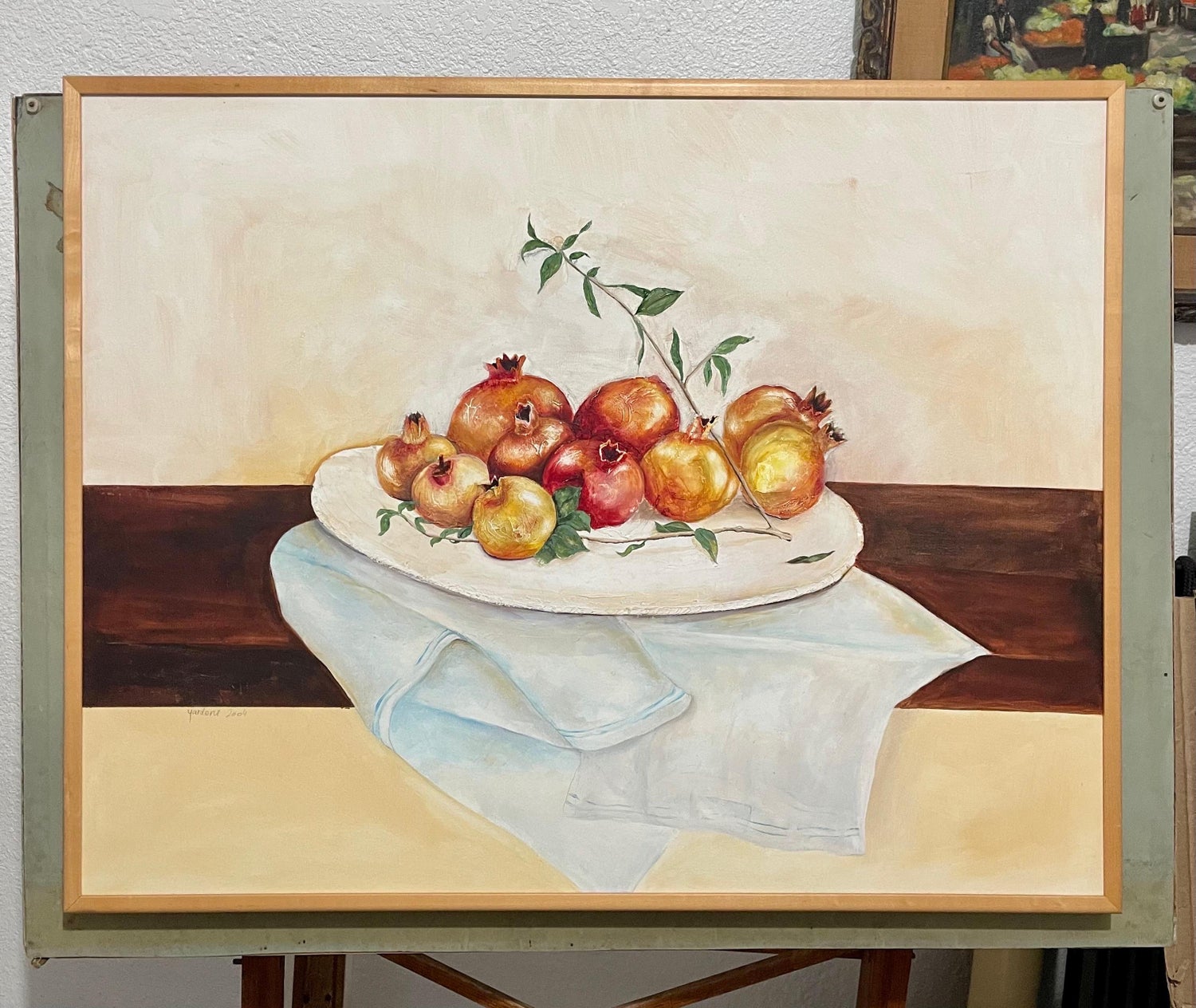 Israeli Folk Art Oil Painting Pomegranates Naive Style Still Life Hedva Yardeni