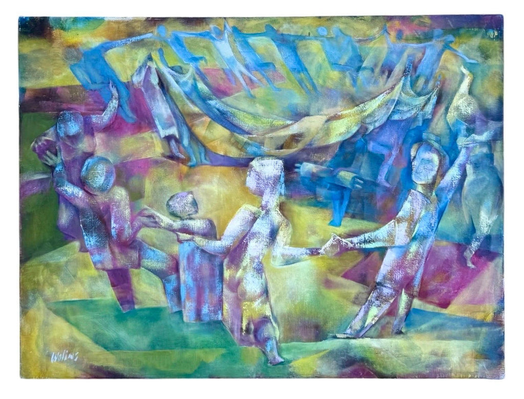 Modernist American Judaica Painting Purim, Dancing on Haman