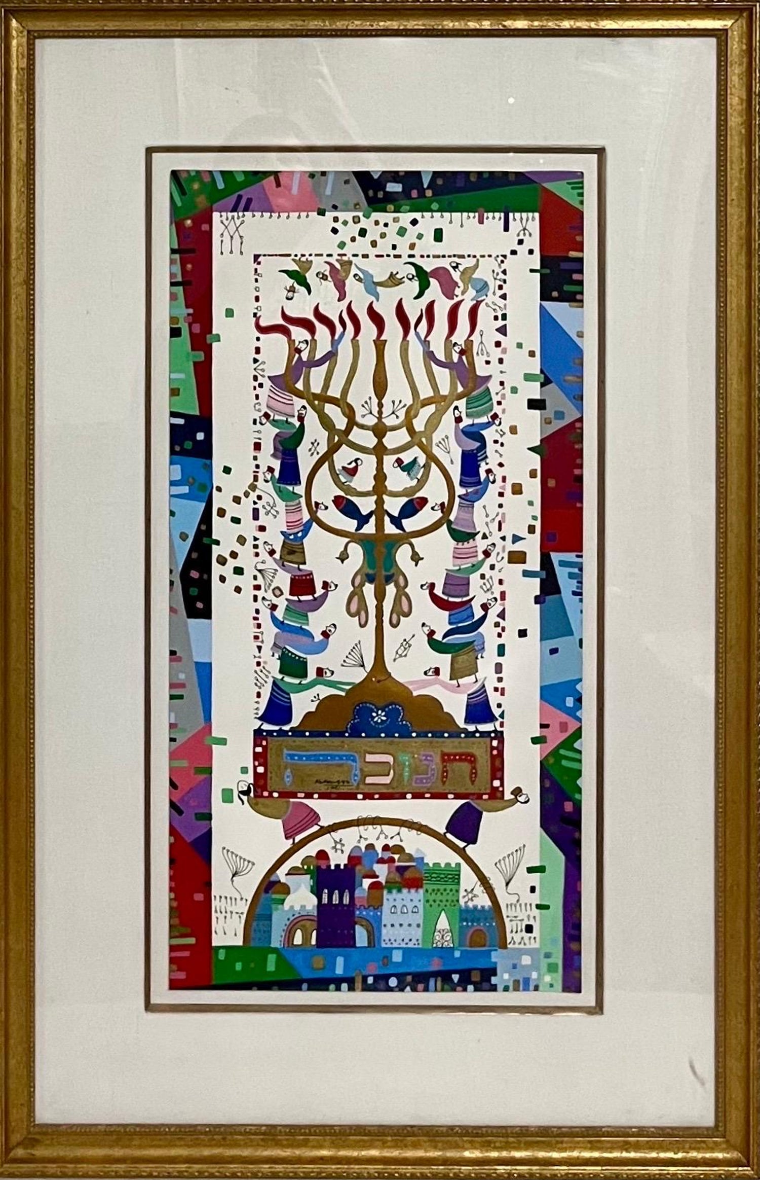 Vibrant Judaica Israeli Hanukkah Sephardic Kabbalah Painting Raphael Abecassis
