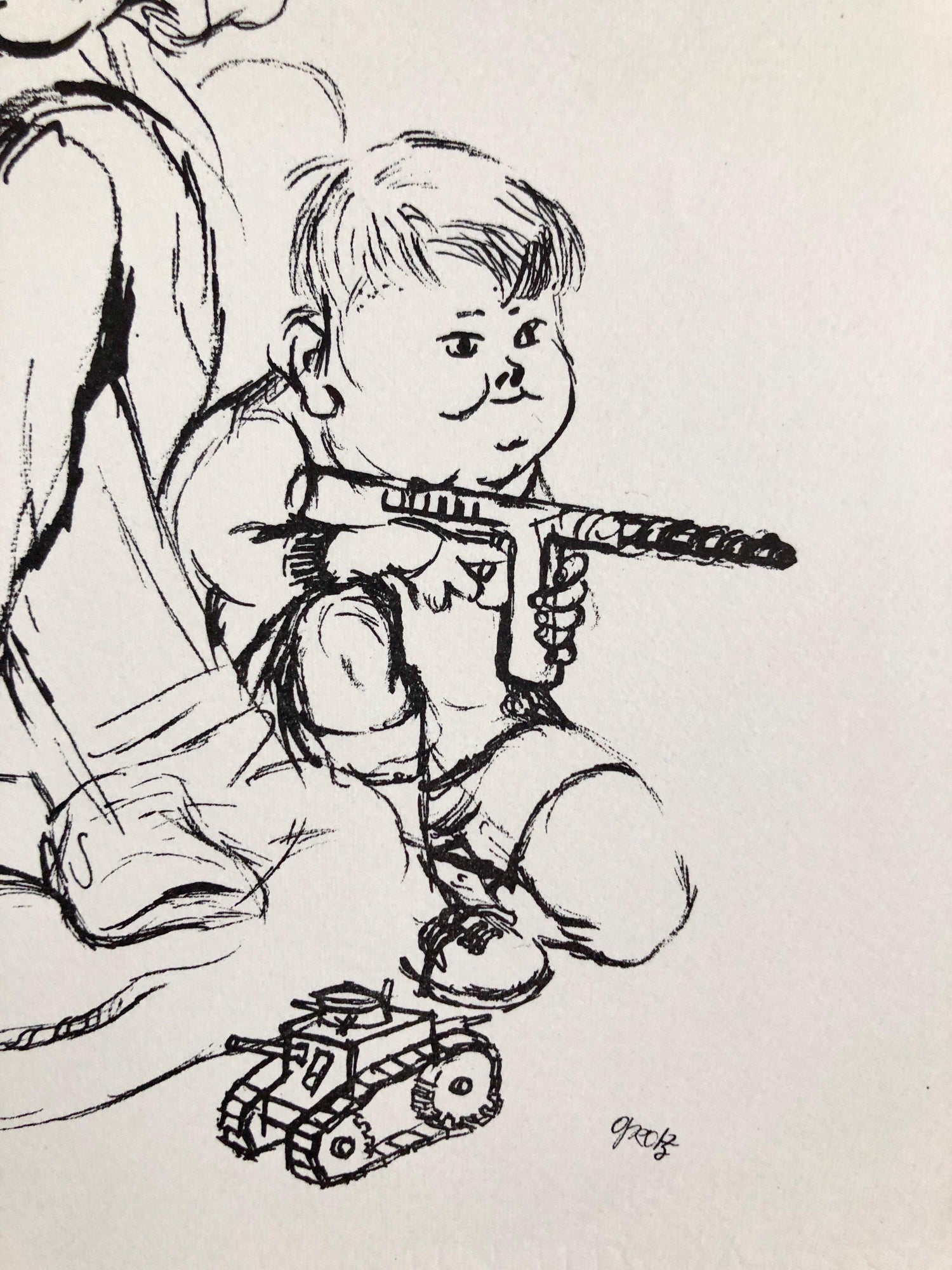 1936 Lithograph Interregnum, Cigar, Kid w Toy Gun,  Small Edition Weimar Germany