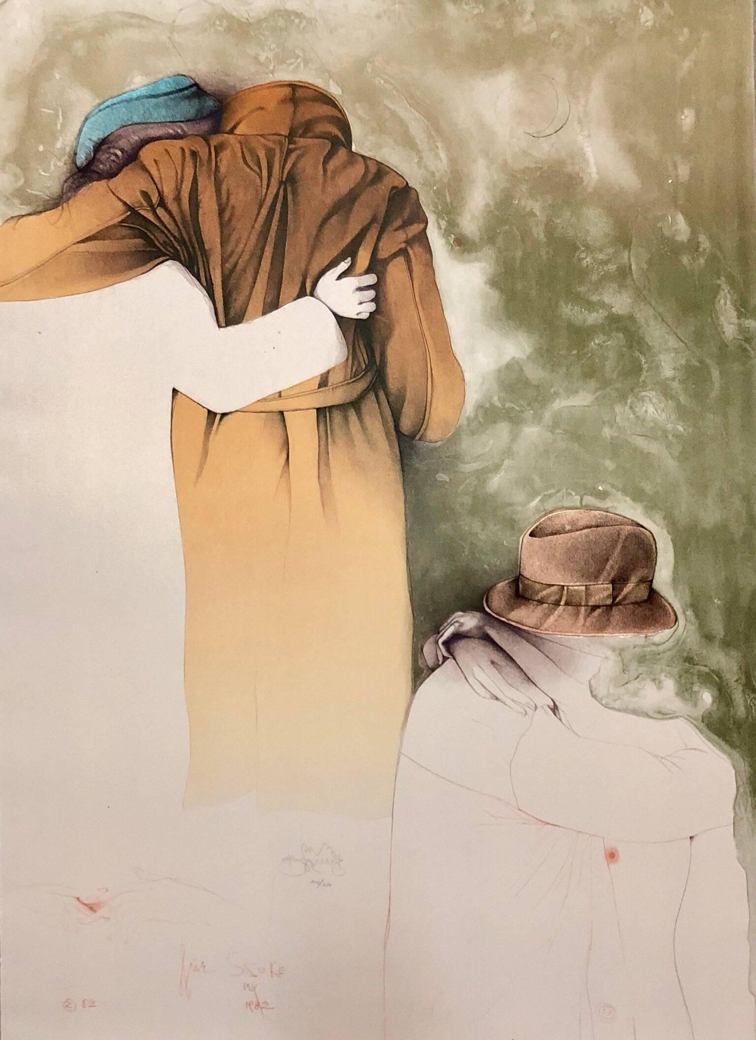 Al Quattro Large Surrealist Modernist Lithograph Embracing Couple