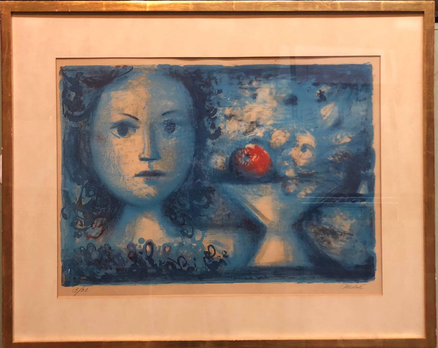 Spanish Catalan Surrealist Lithograph Portrait Girl with Fruit Still Life