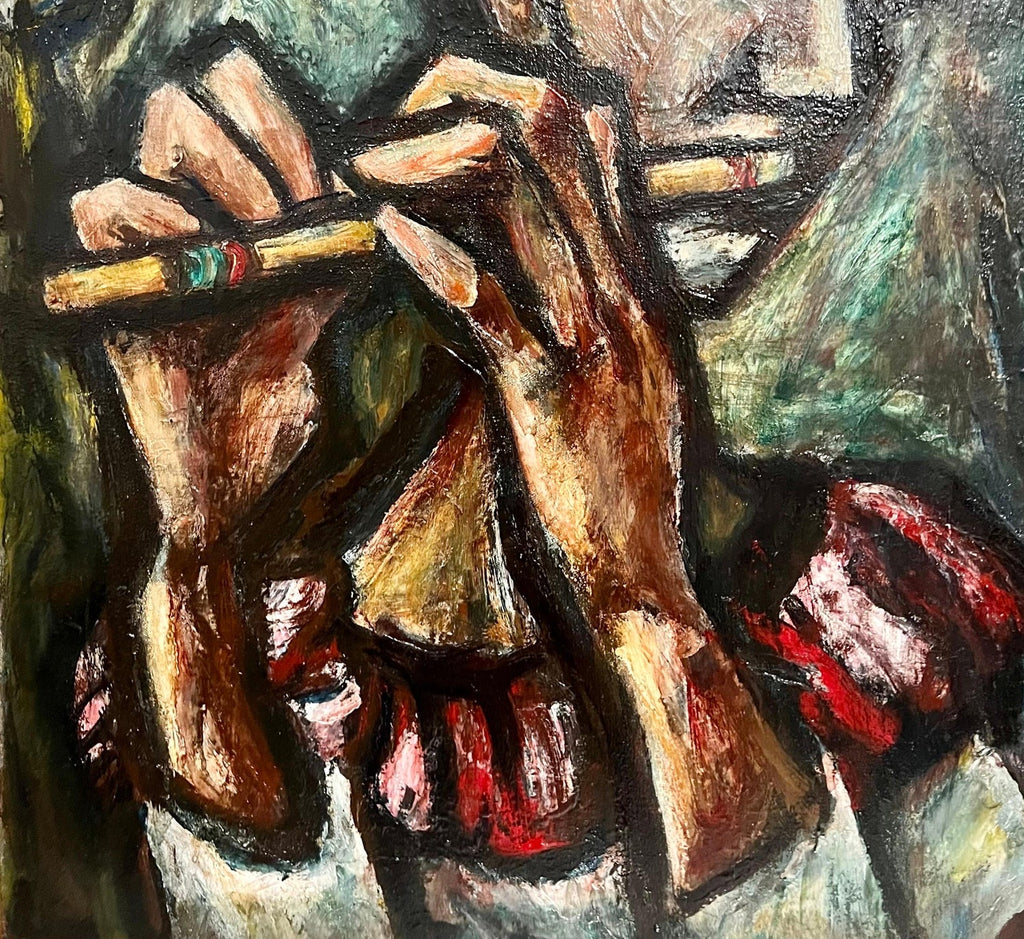 1947 Expressionist Oil Painting Flute Player Musician Boris Deutsch WPA Artist