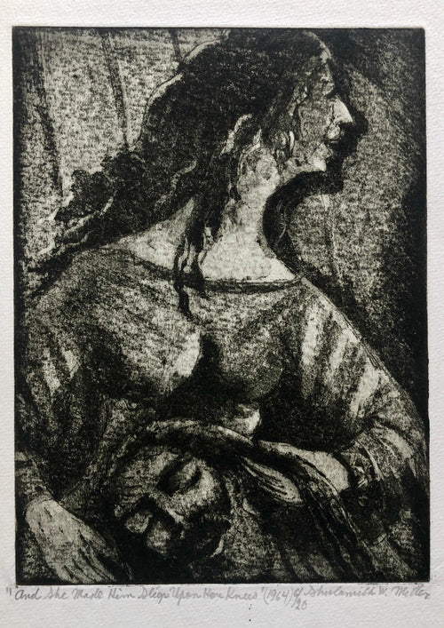 "She Made Him Sleep on her Knees" Etching Israeli Judaica Bezalel School Woman