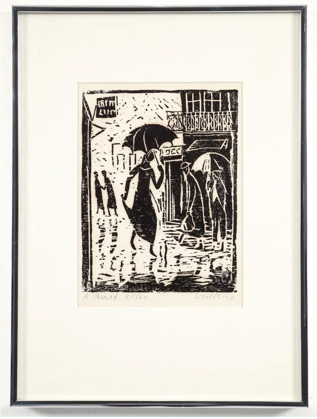 Woodblock Print Polish Israeli Artist Azriel Awret Rainy Street Jerusalem Israel