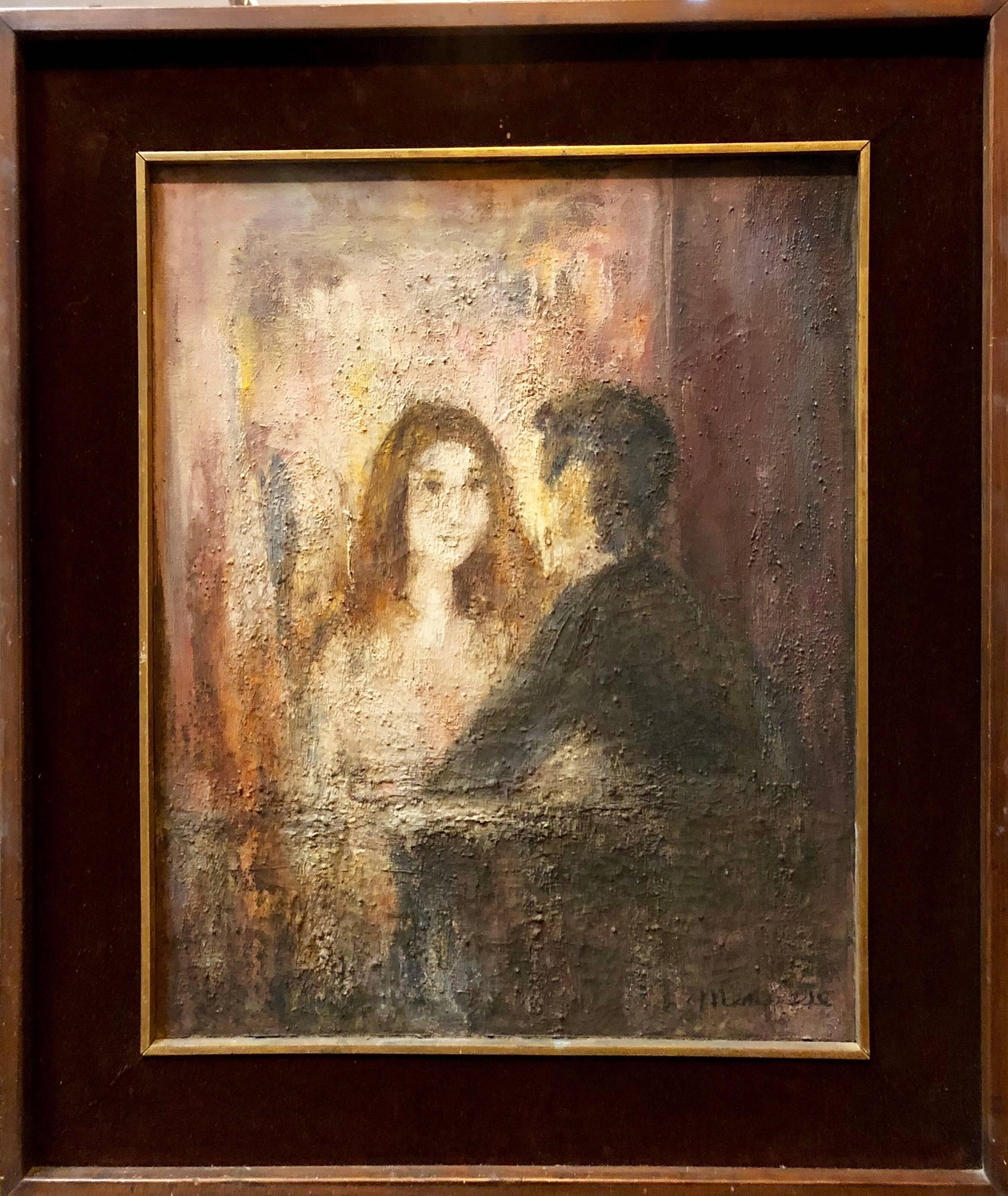 El Balcon, Courting Couple Mexican Modernist Oil Painting