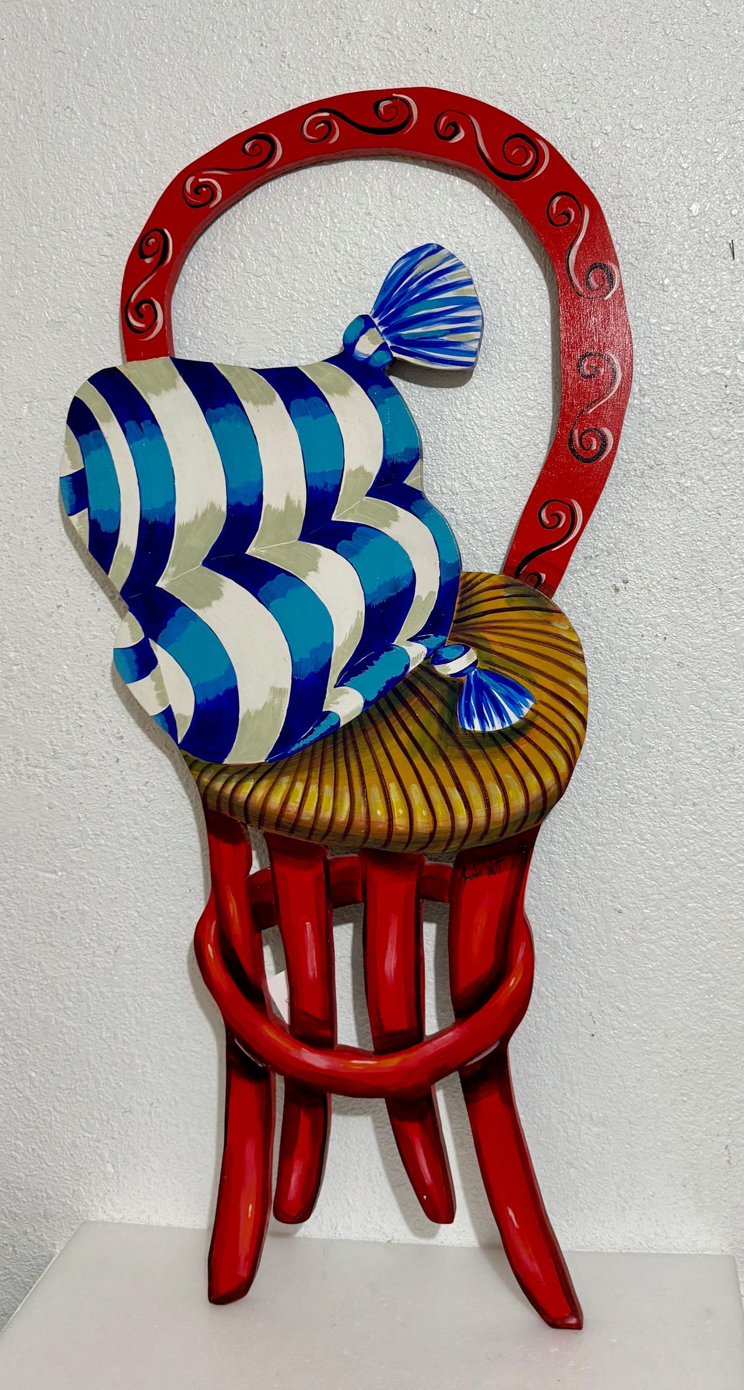Pop Art Painting Carved Wall Sculpture Amanda Watt Thatched Chair Vibrant Color