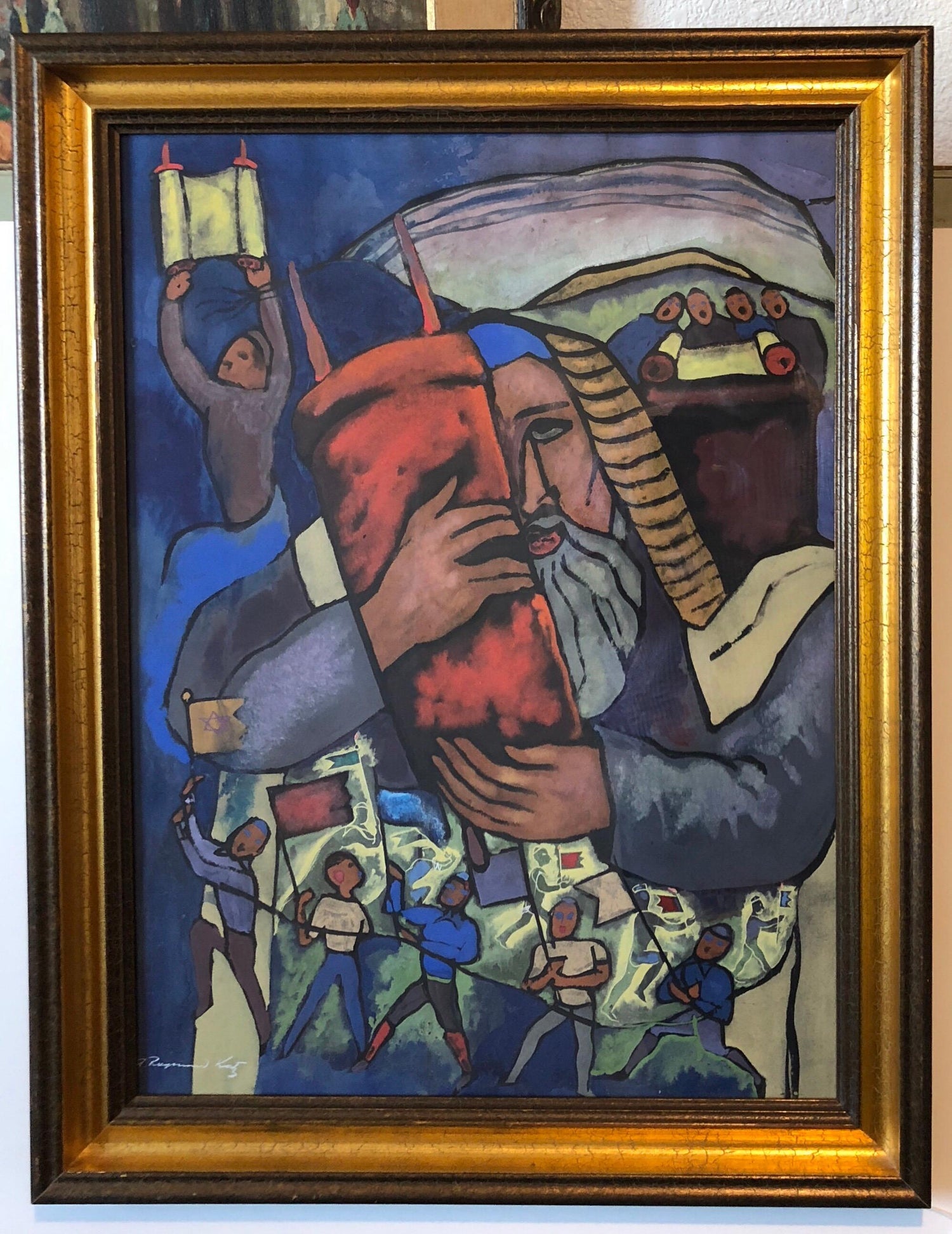 Chicago Jewish Modernist Judaica Painting Simchat Torah WPA Artist Israeli Flags