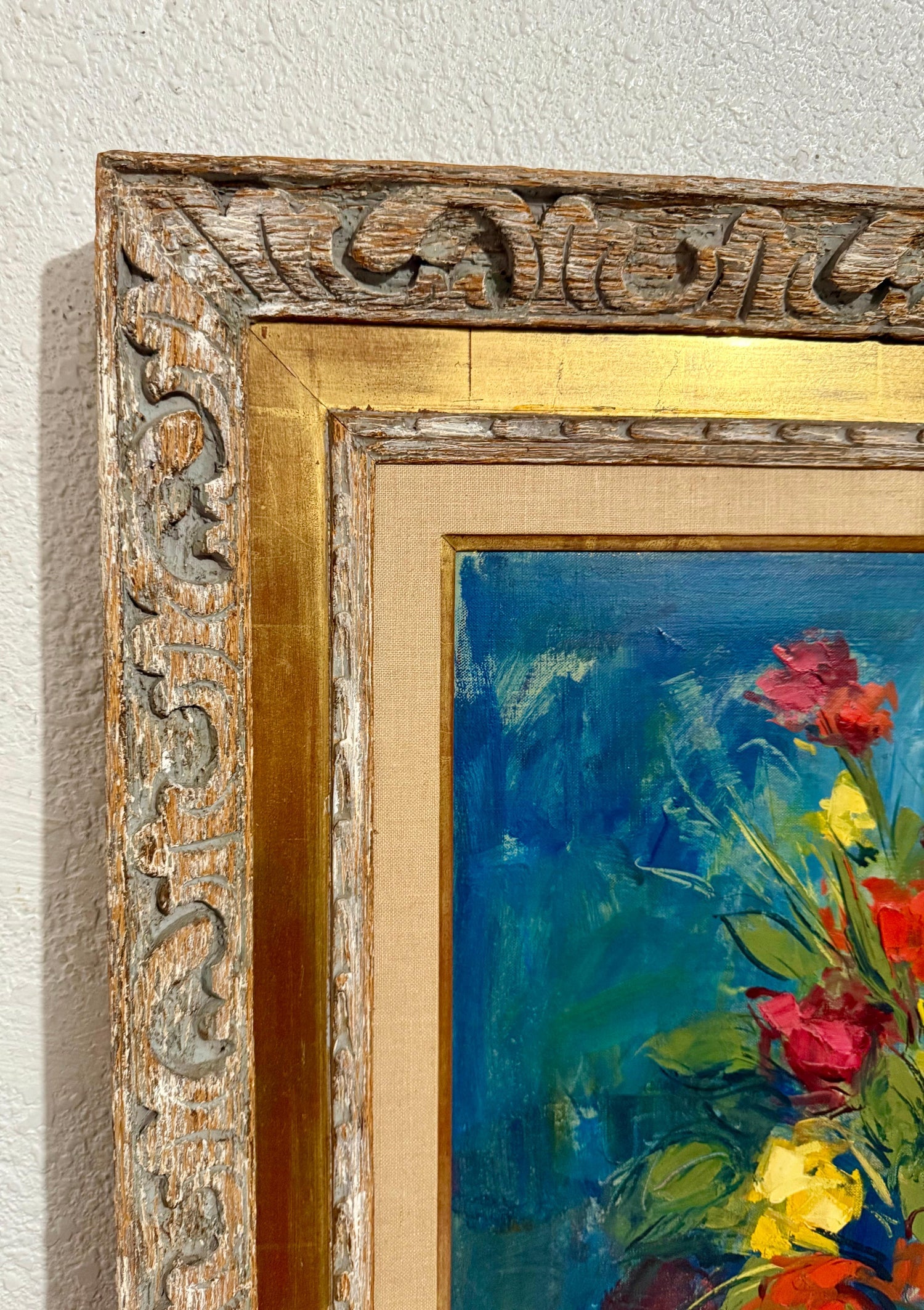 Czech American Floral Oil Painting Jan De Ruth Vibrant Modernist Flowers in Vase