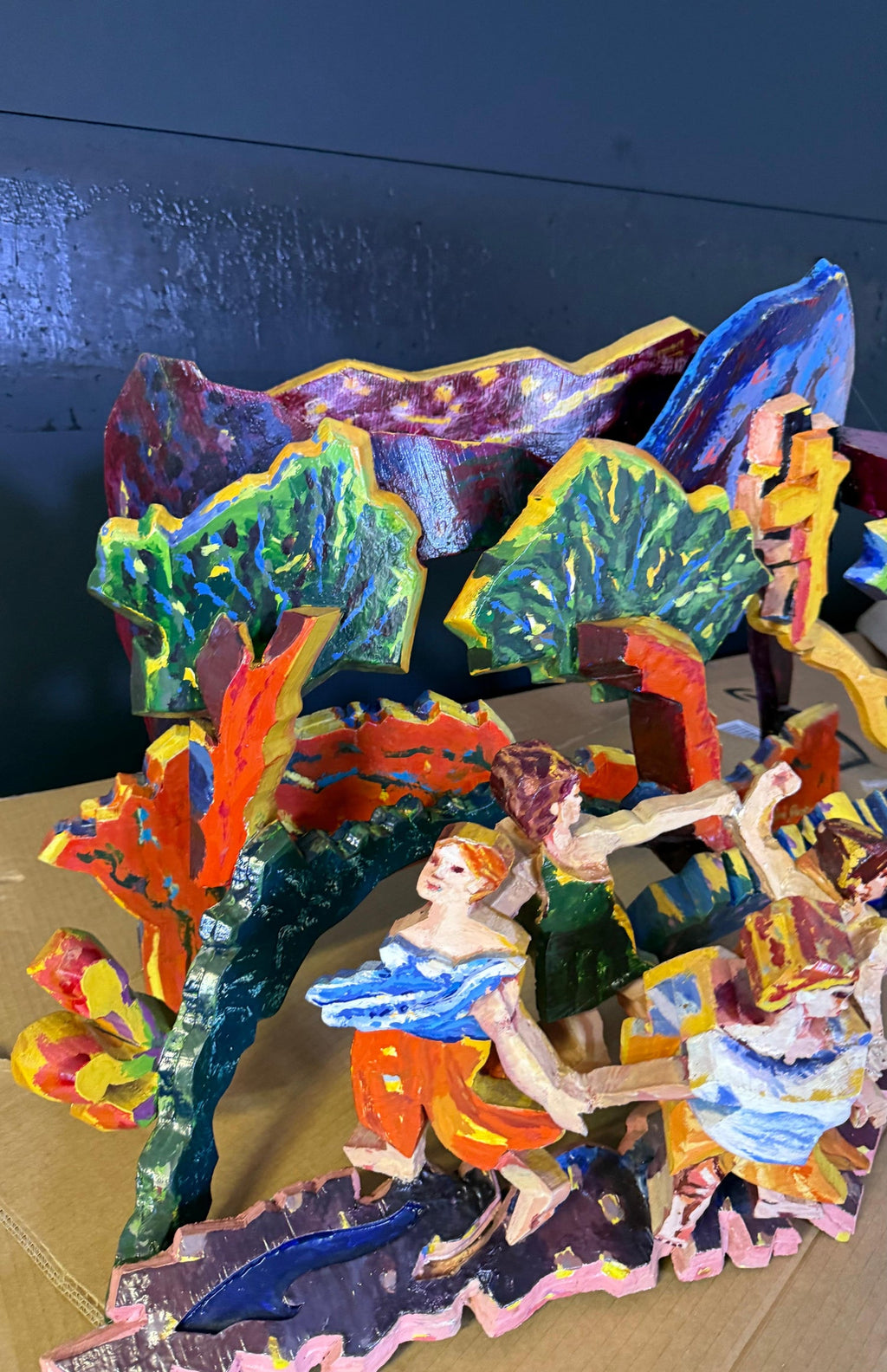 Large 3D Sculpture with Hand Painting Construction Mimi Gross Wood Assemblage