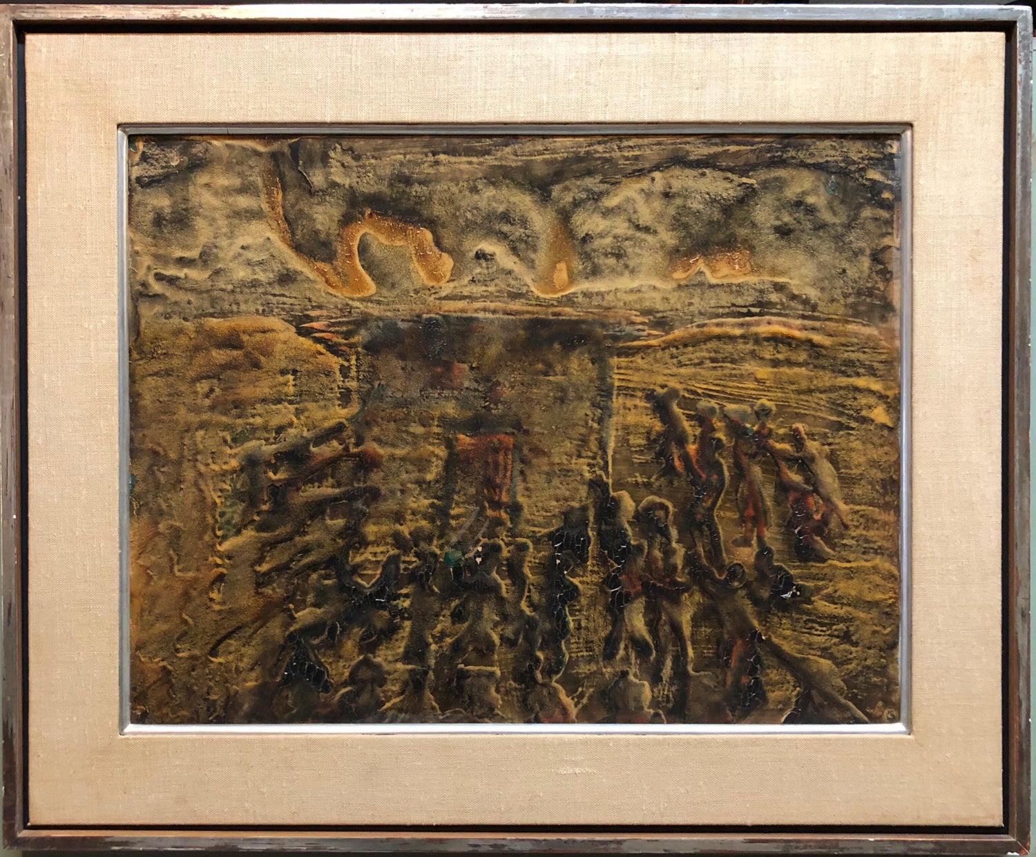 Signed Castro Abstract Expressionist 1960s Latin American Oil Painting Collage