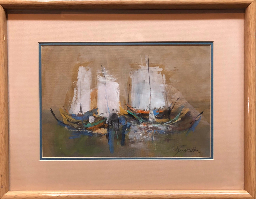 Israeli Modernist Abstract Expressionist Gouache Painting Boats