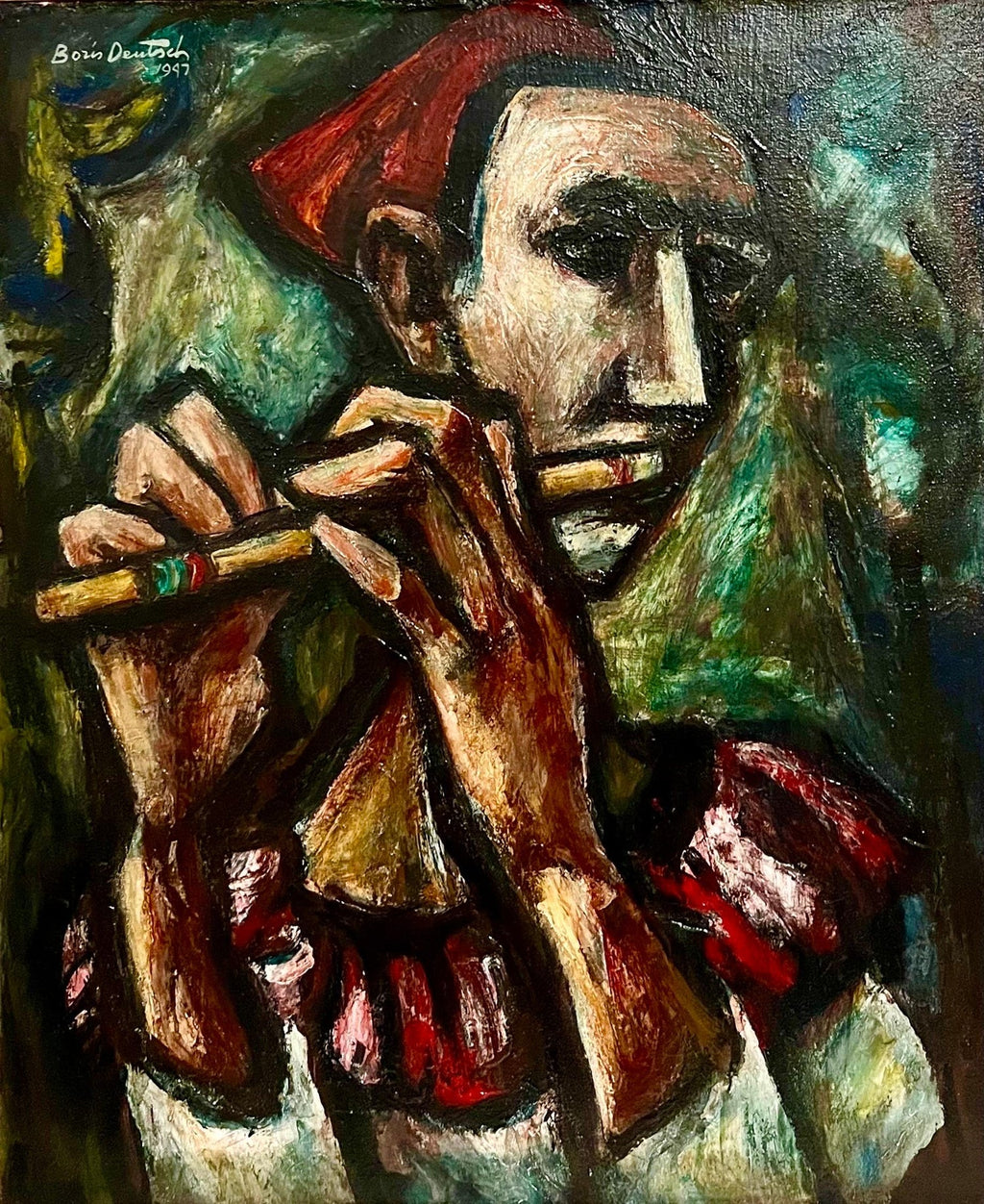1947 Expressionist Oil Painting Flute Player Musician Boris Deutsch WPA Artist