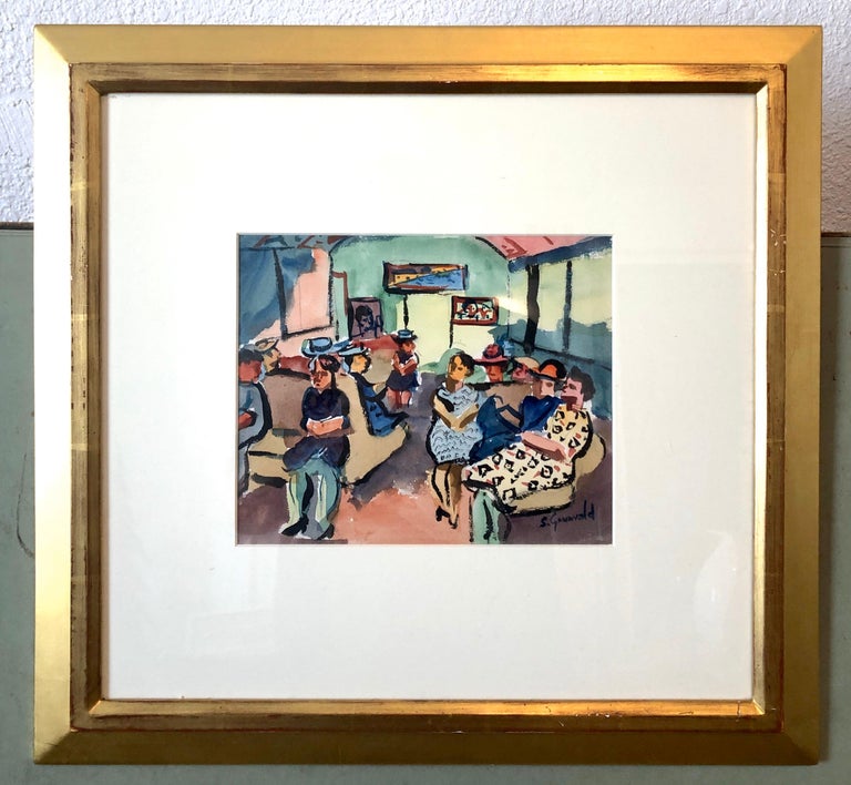 1940's American WPA Modernist New York City Watercolor Painting Subway Riders