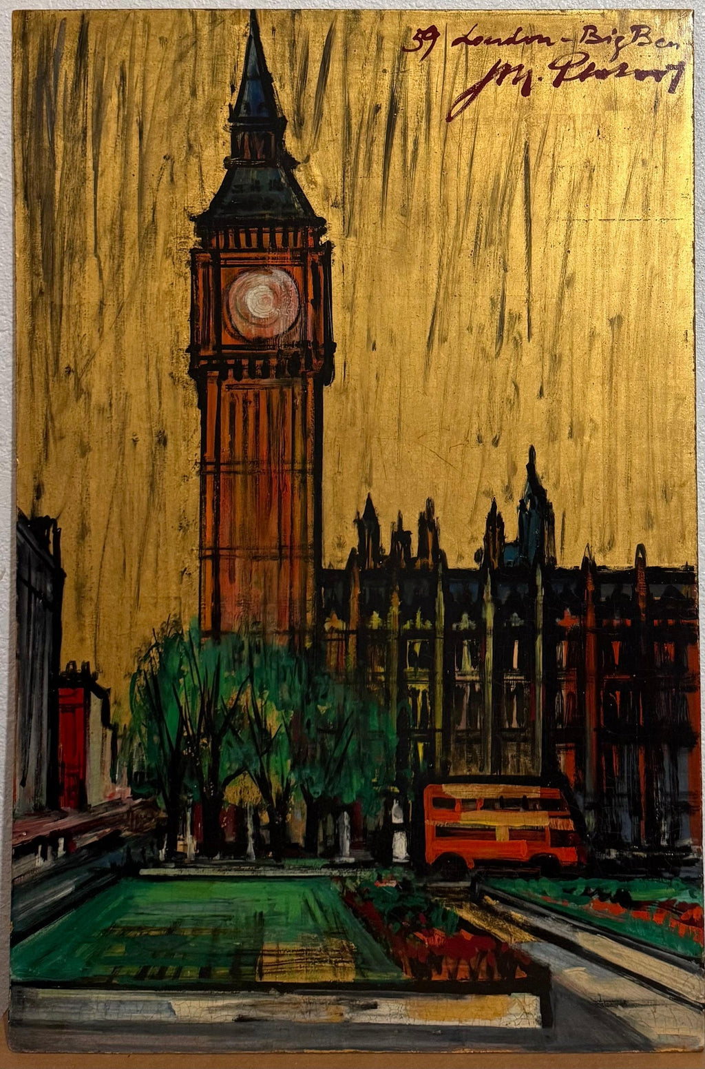 Large London Big Ben Mod Mid Century Architectural Modernist Gold Leaf Painting
