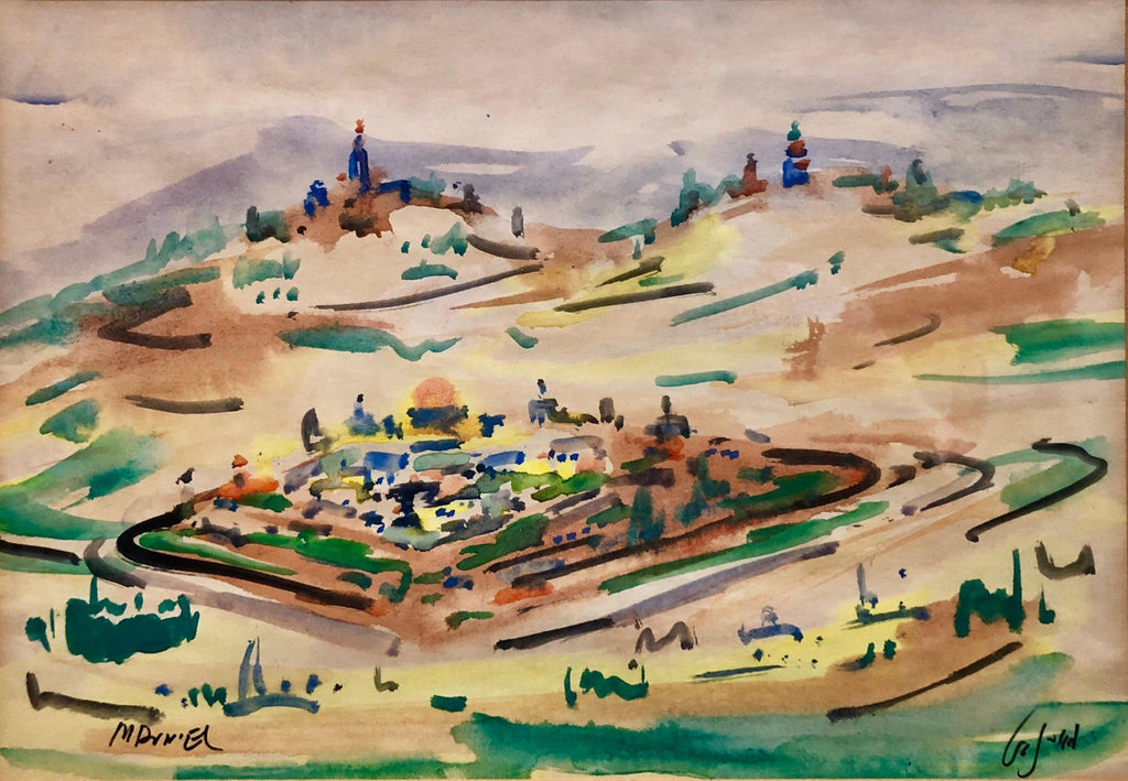 Israeli Modernist Watercolor Painting Jerusalem Landscape Bezalel School Avniel