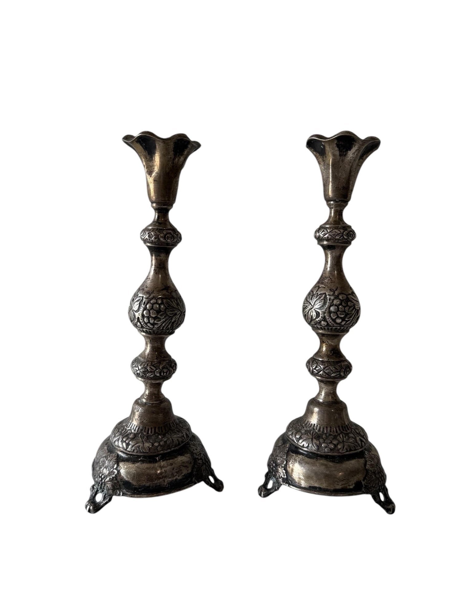 Rare 19th C. Antique Silver Judaica Shabbat Candlesticks Polish Russian, Szekman