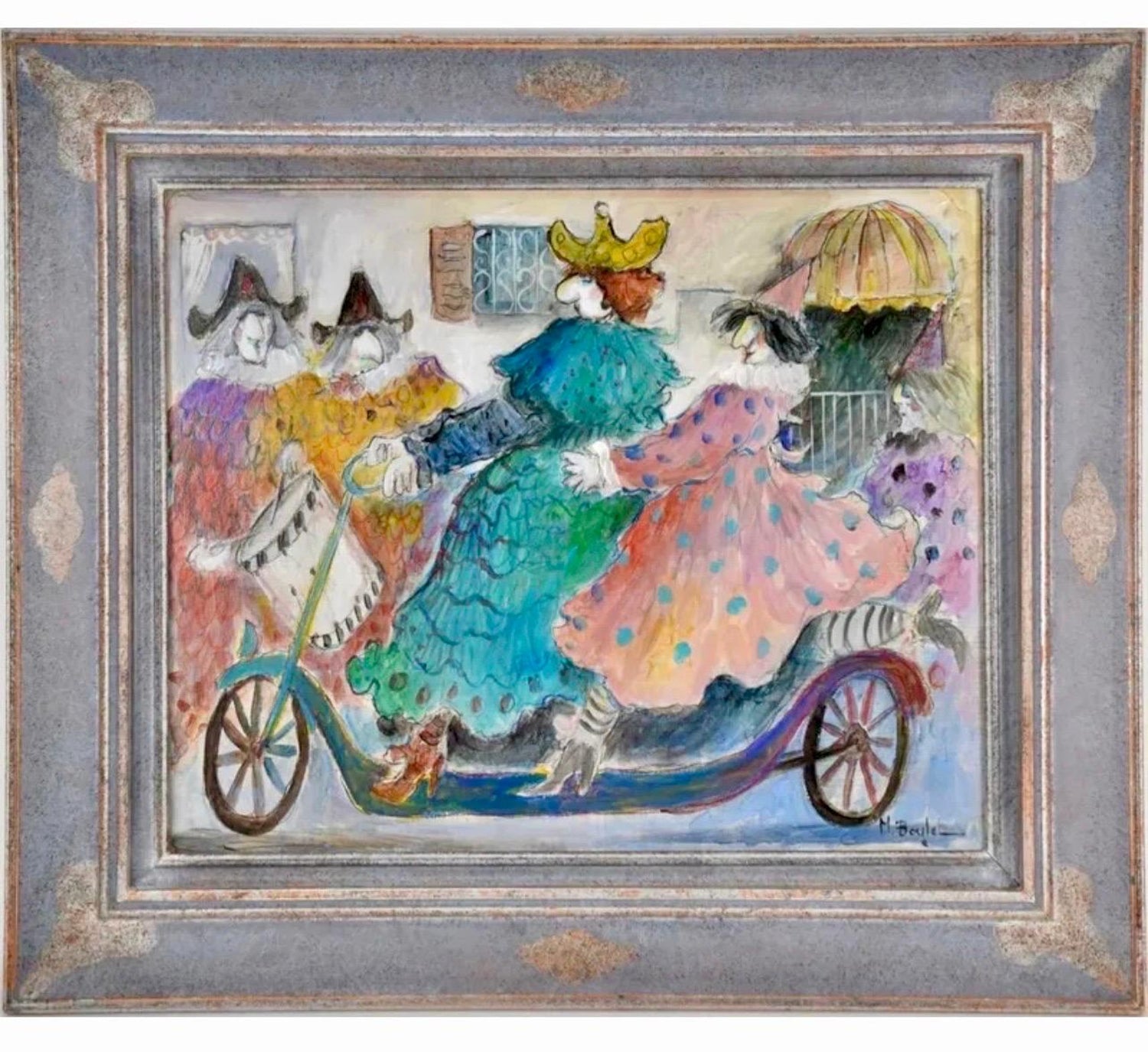 Charming French Naive Art, Clowns on Bicycle Michel Boulet Folk Art Oil Painting