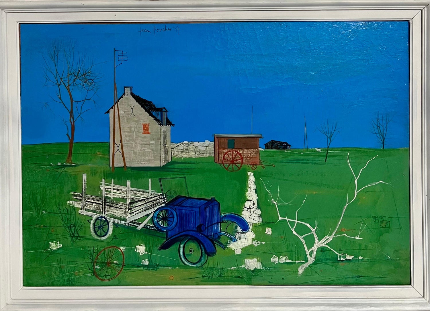 1950's Mid Century French Modernism Abandoned Fiat Automobile Art  Oil Painting