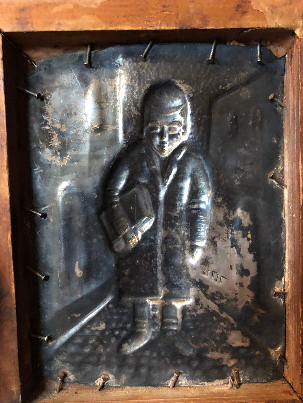 Judaica Silvered Copper Repousse Sculpture Relief Plaque Shtetl Yeshiva Bochur