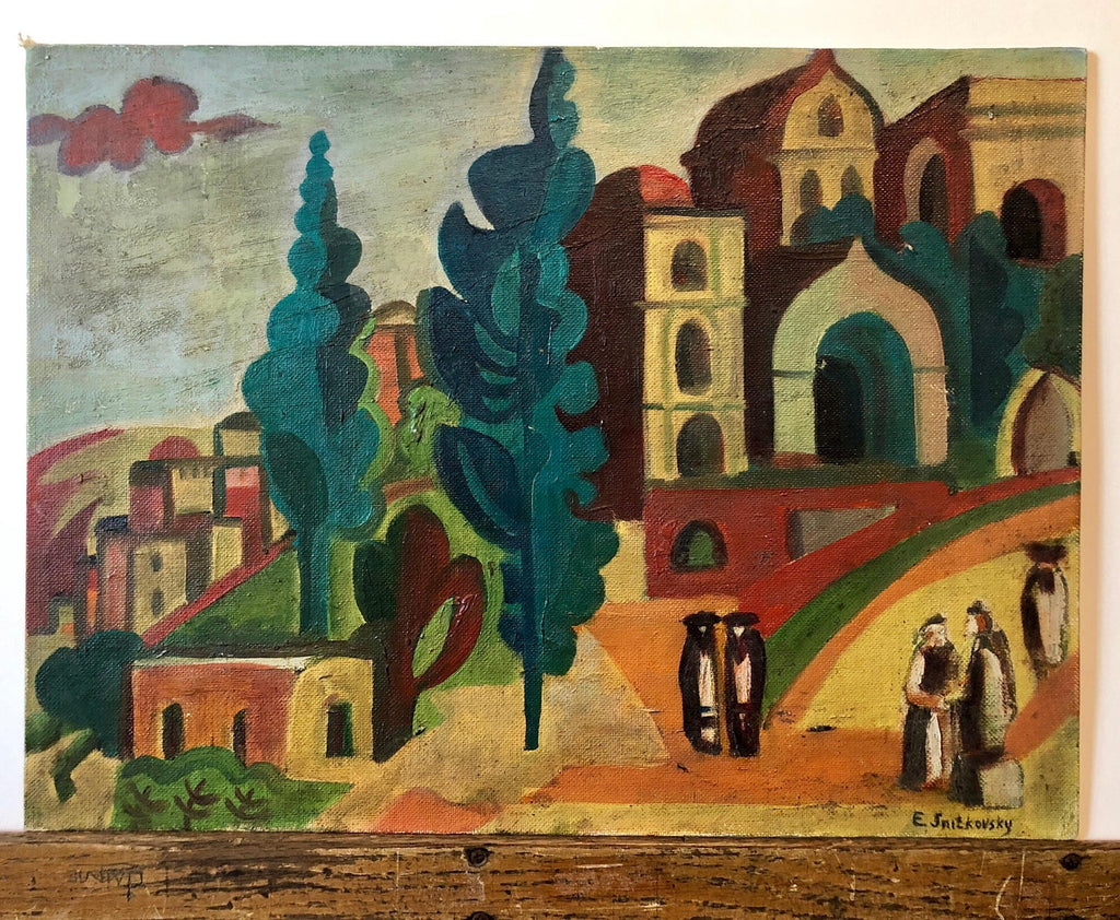 Outside the Synagogue Russian Judaica Oil Painting