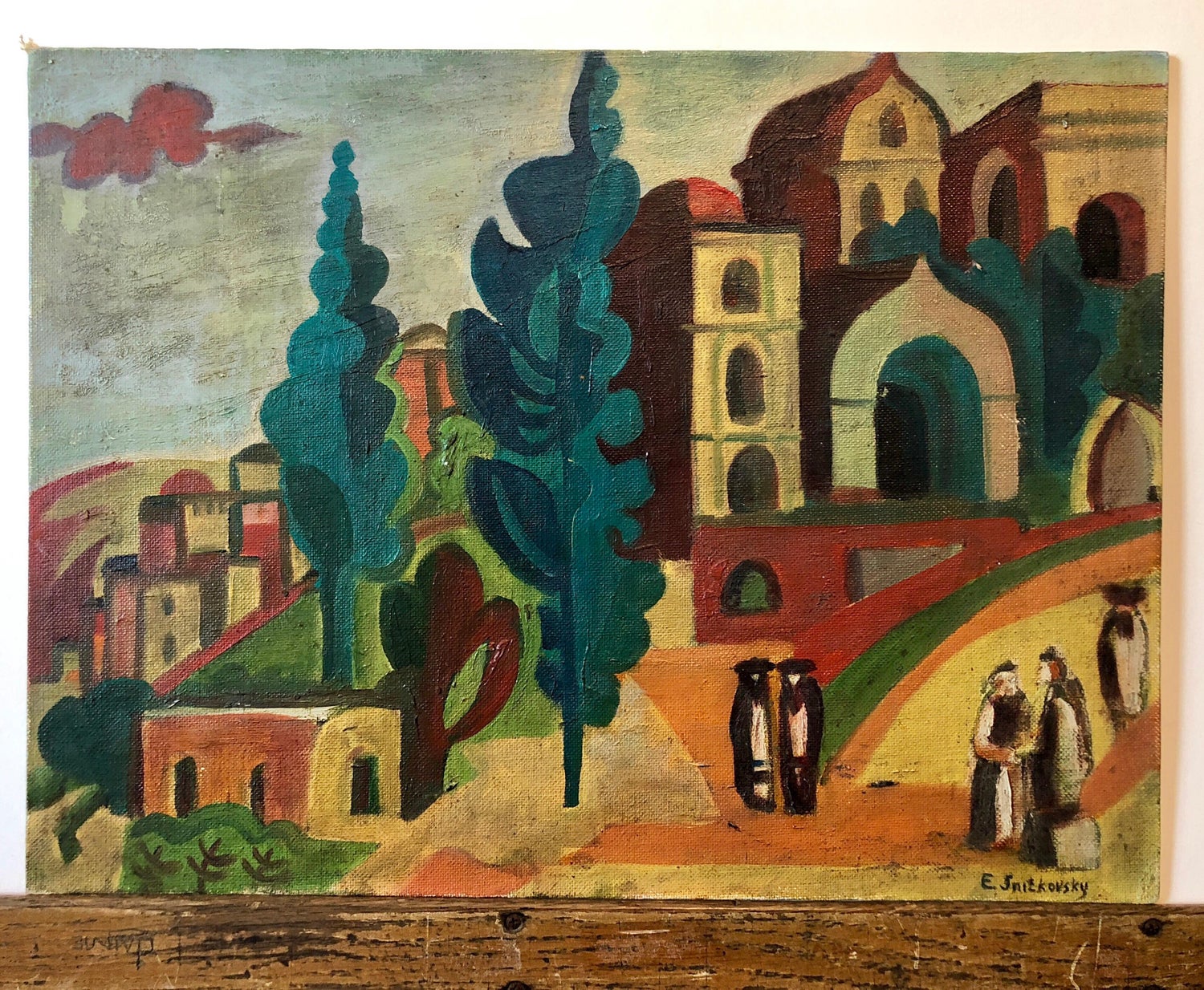 Outside the Synagogue Russian Judaica Oil Painting