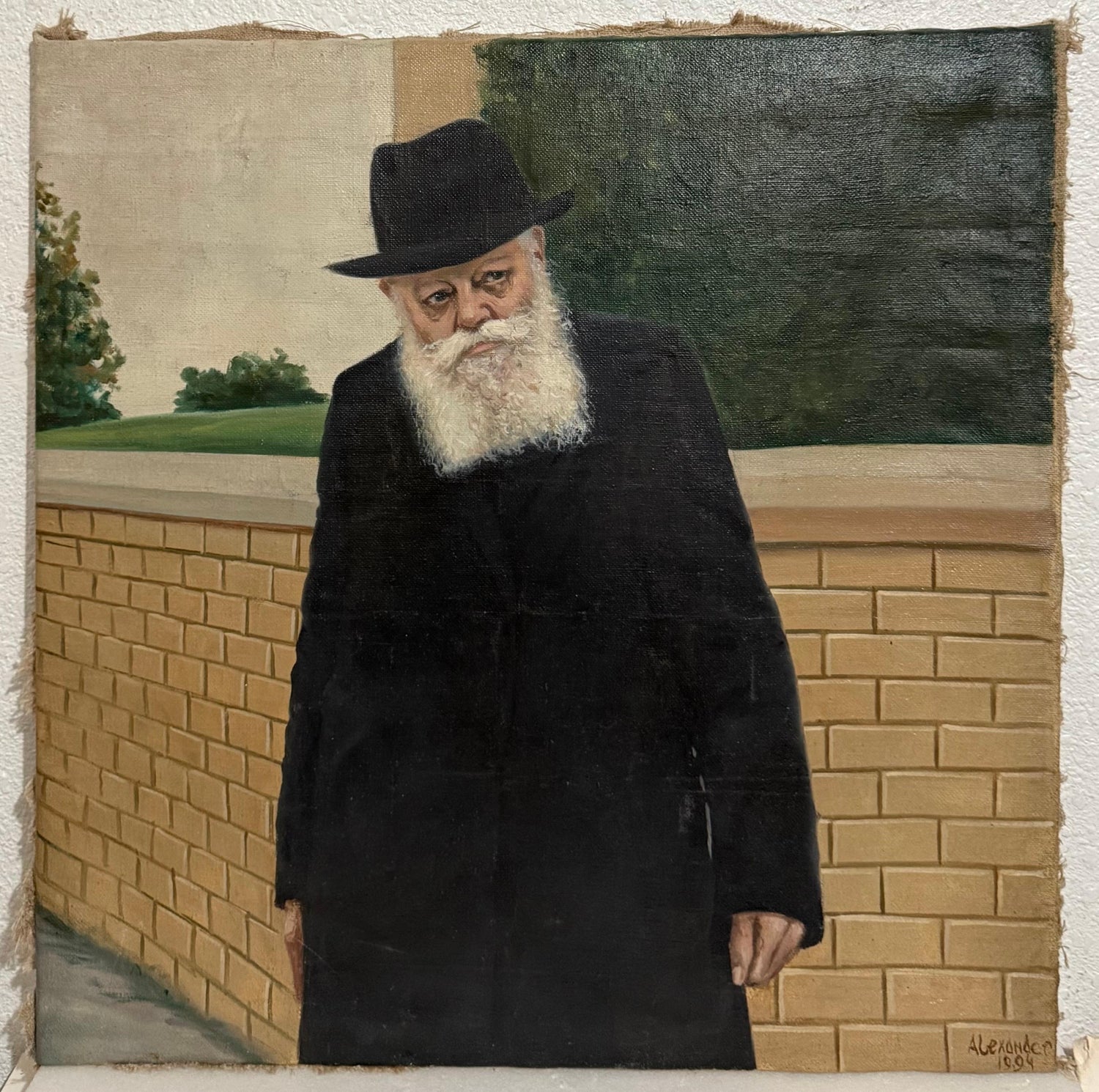 Large Judaica Original Oil Rabbi Painting Lubavitcher Rebbe 770 Chabad, New York