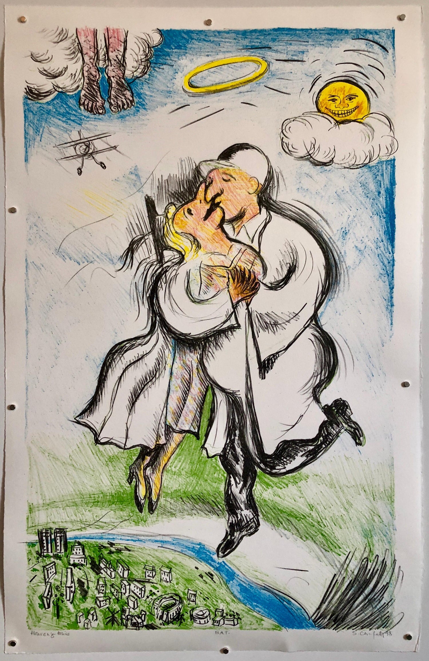 Columbus, Ohio State Artist Lithograph "Heavenly Bliss" Angels, Biplane