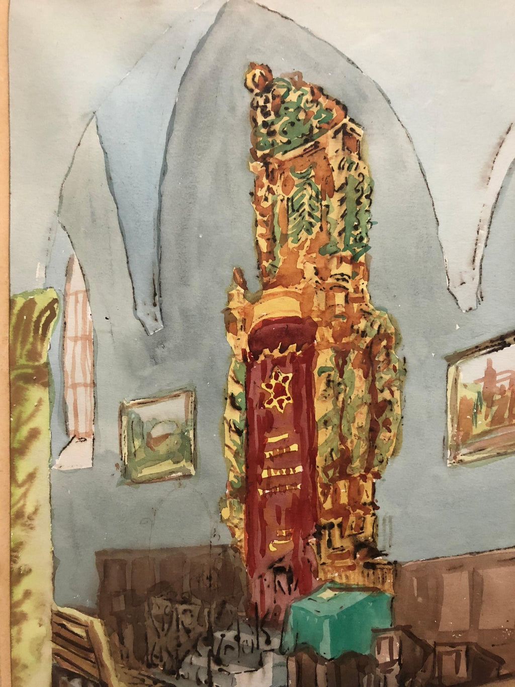 Israeli Modernist Safed Synagogue Interior Folk Art Watercolor Painting