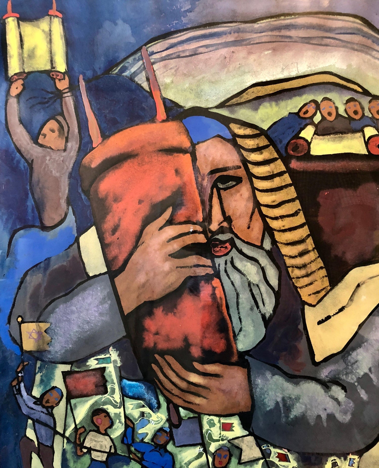 Chicago Jewish Modernist Judaica Painting Simchat Torah WPA Artist Israeli Flags