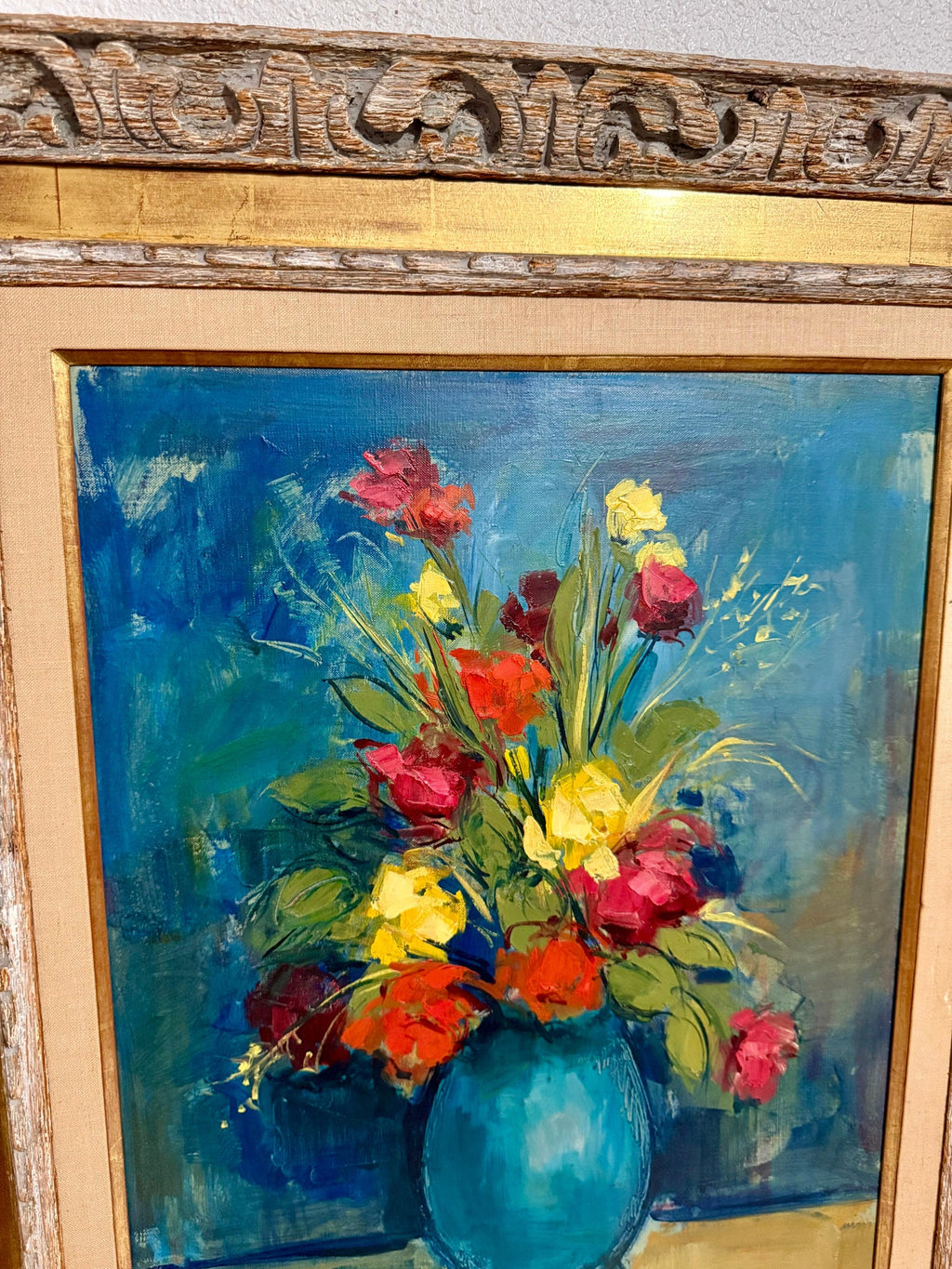 Czech American Floral Oil Painting Jan De Ruth Vibrant Modernist Flowers in Vase