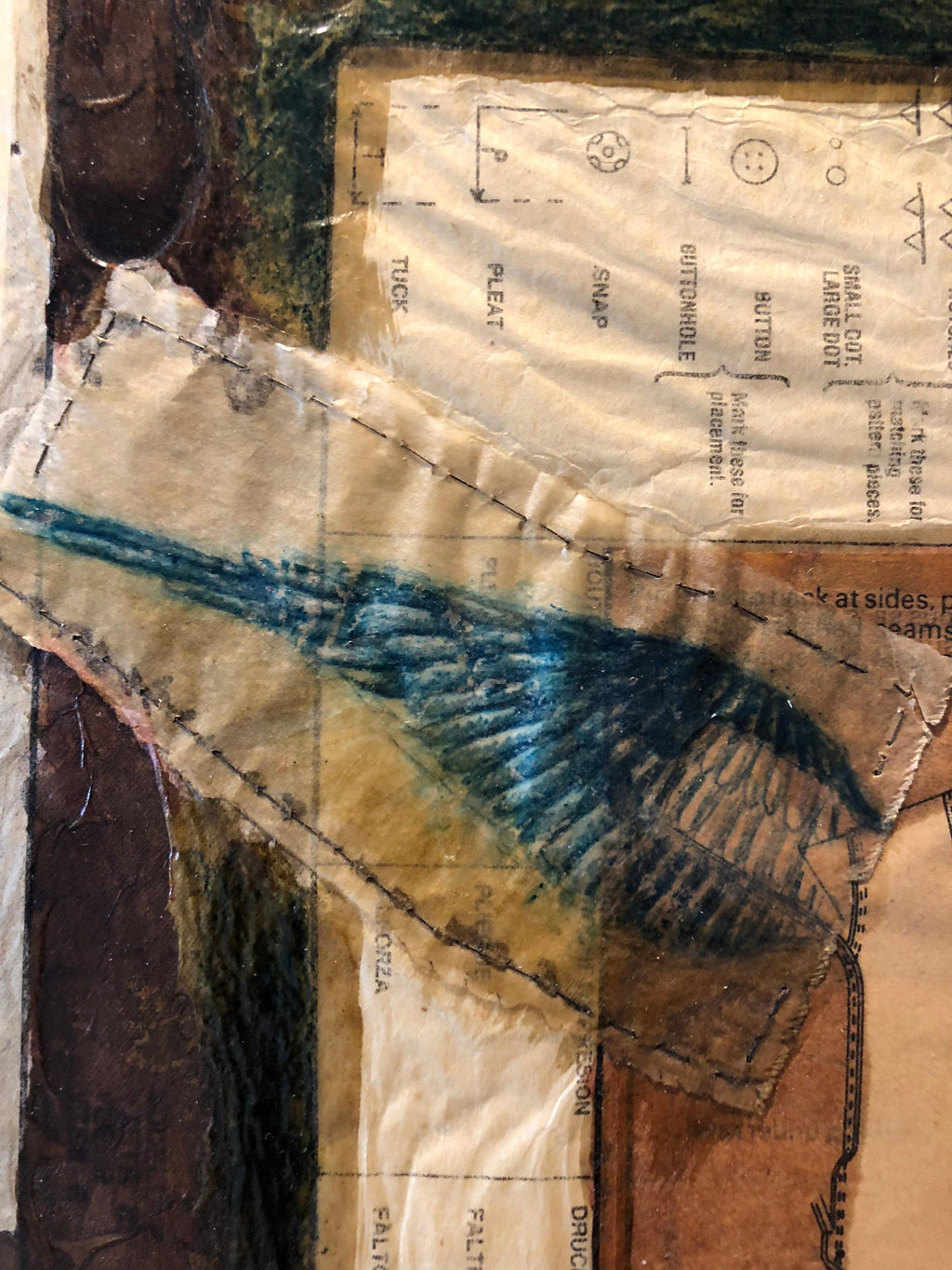Angel Wings Mixed Media Collage Painting Assemblage Piece Stitched and Sewn