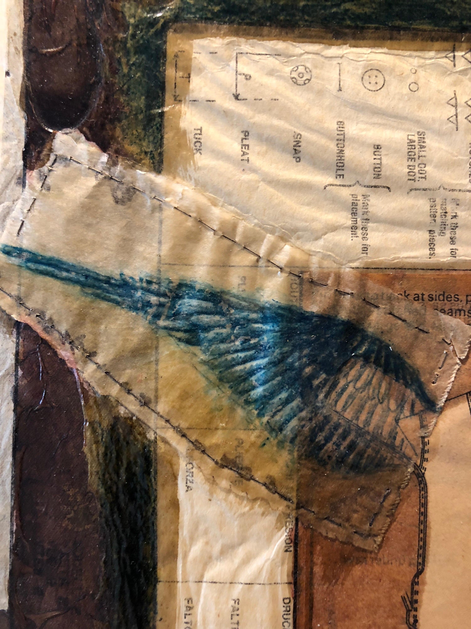 Angel Wings Mixed Media Collage Painting Assemblage Piece Stitched and Sewn