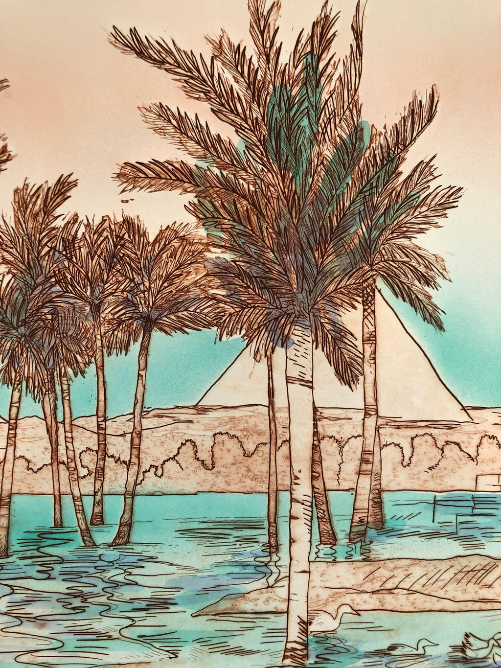 Mystic Cafe, Pyramids Signed Aquatint Etching California Woman Artist Susan Hall